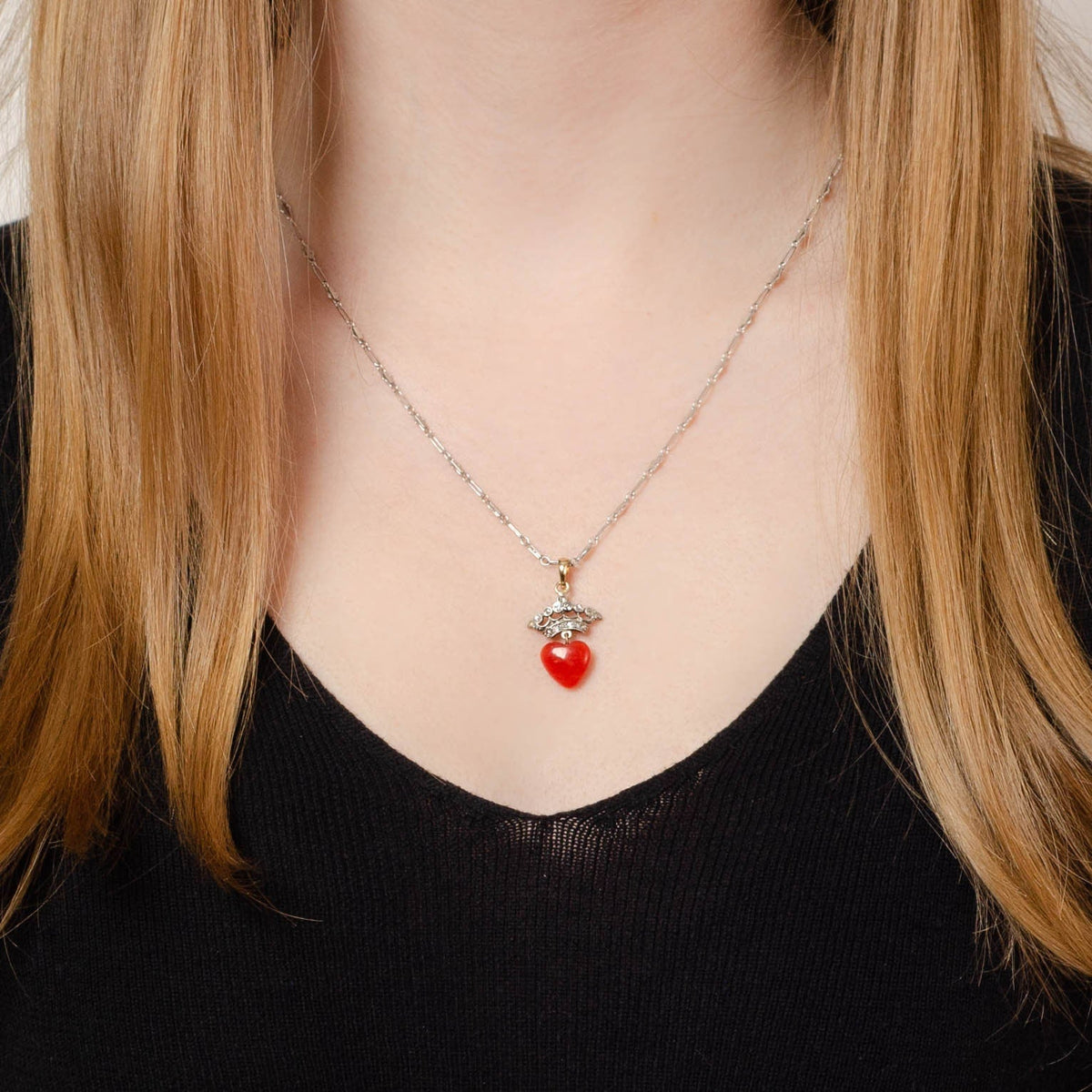 Coral &amp; Diamond Crowned Heart Pendant | Platinum Topped 14k Pendant on Optional 14k Chain - Trademark Antiques