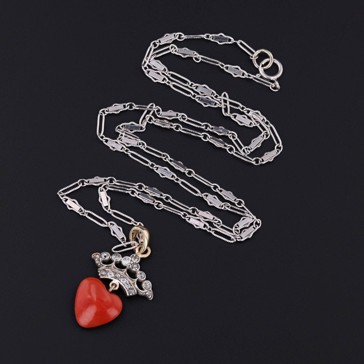 Coral &amp; Diamond Crowned Heart Pendant | Platinum Topped 14k Pendant on Optional 14k Chain - Trademark Antiques