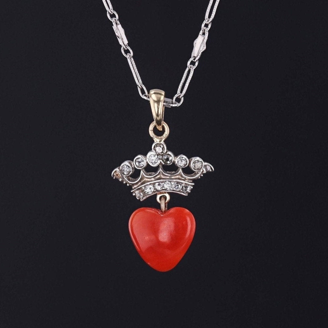 Coral &amp; Diamond Crowned Heart Pendant | Platinum Topped 14k Pendant on Optional 14k Chain - Trademark Antiques