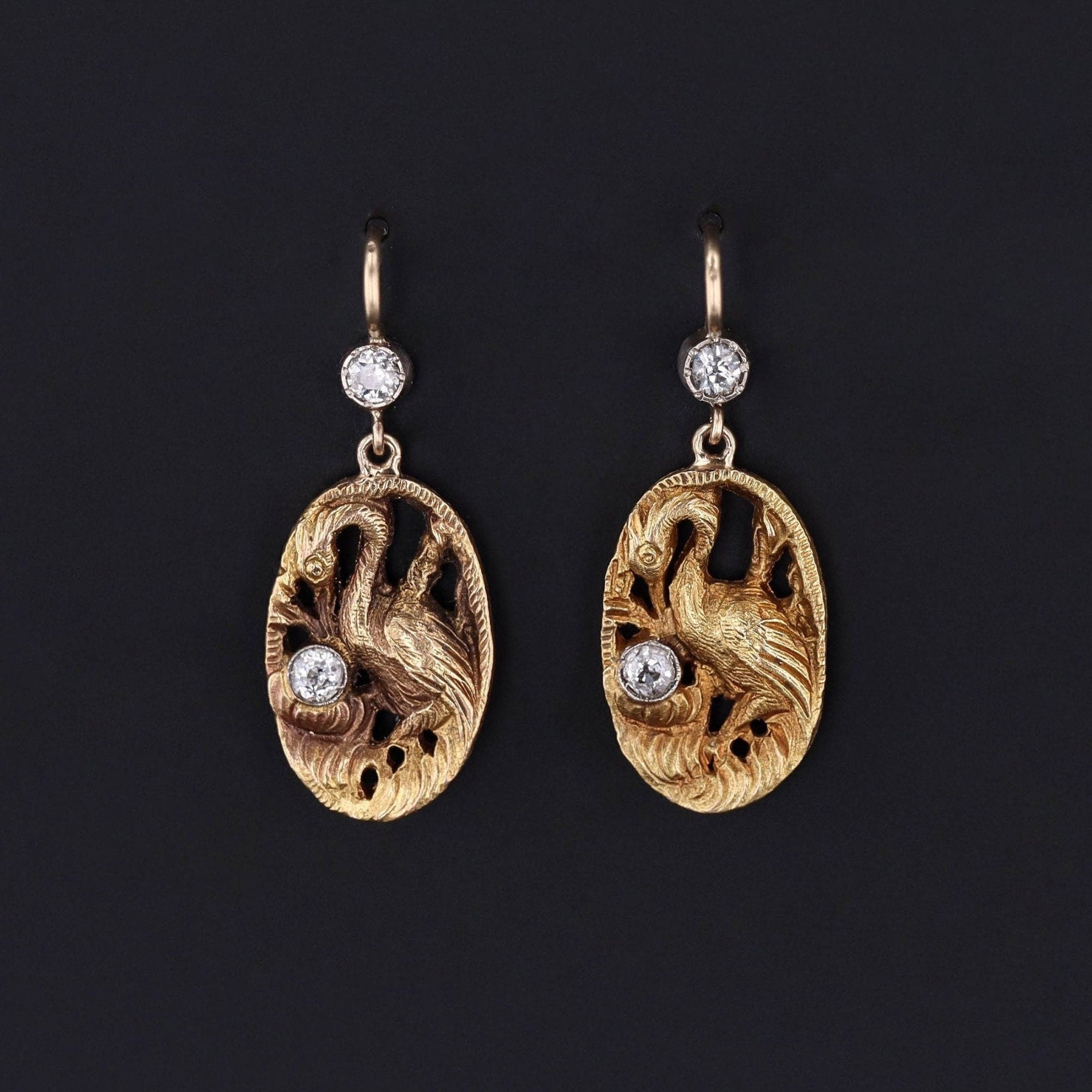Crane Earrings | Antique Earrings - Trademark Antiques