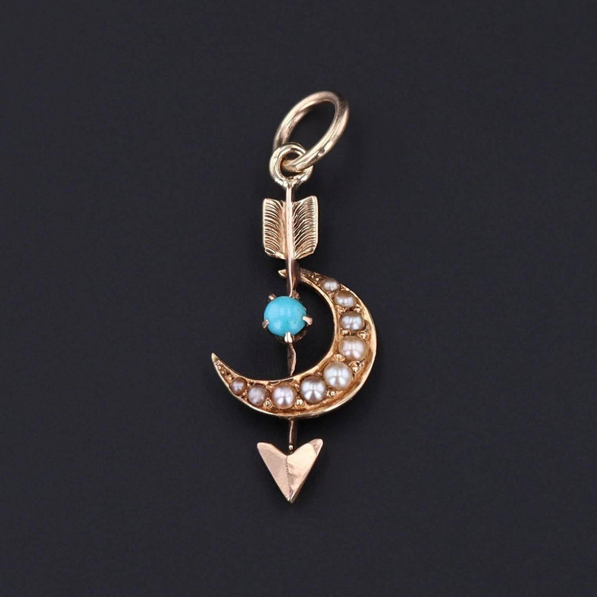 Crescent and Arrow Charm | Turquoise &amp; Pearl Crescent - Trademark Antiques