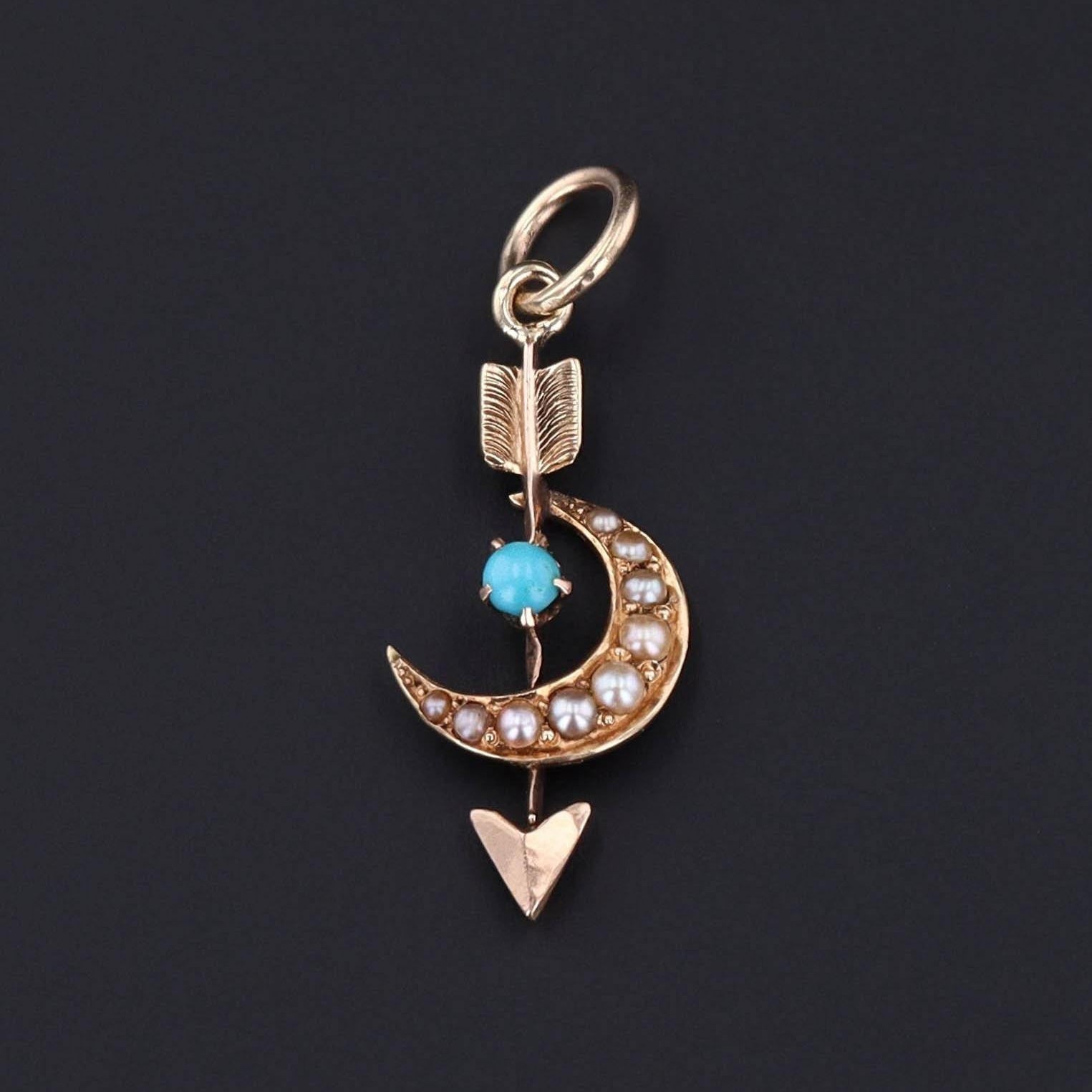 Crescent and Arrow Charm | Turquoise & Pearl Crescent - Trademark Antiques