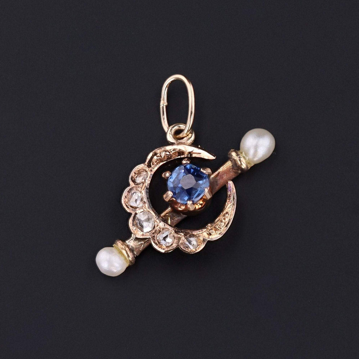 Crescent Charm | Sapphire Diamond &amp; Pearl Crescent - Trademark Antiques