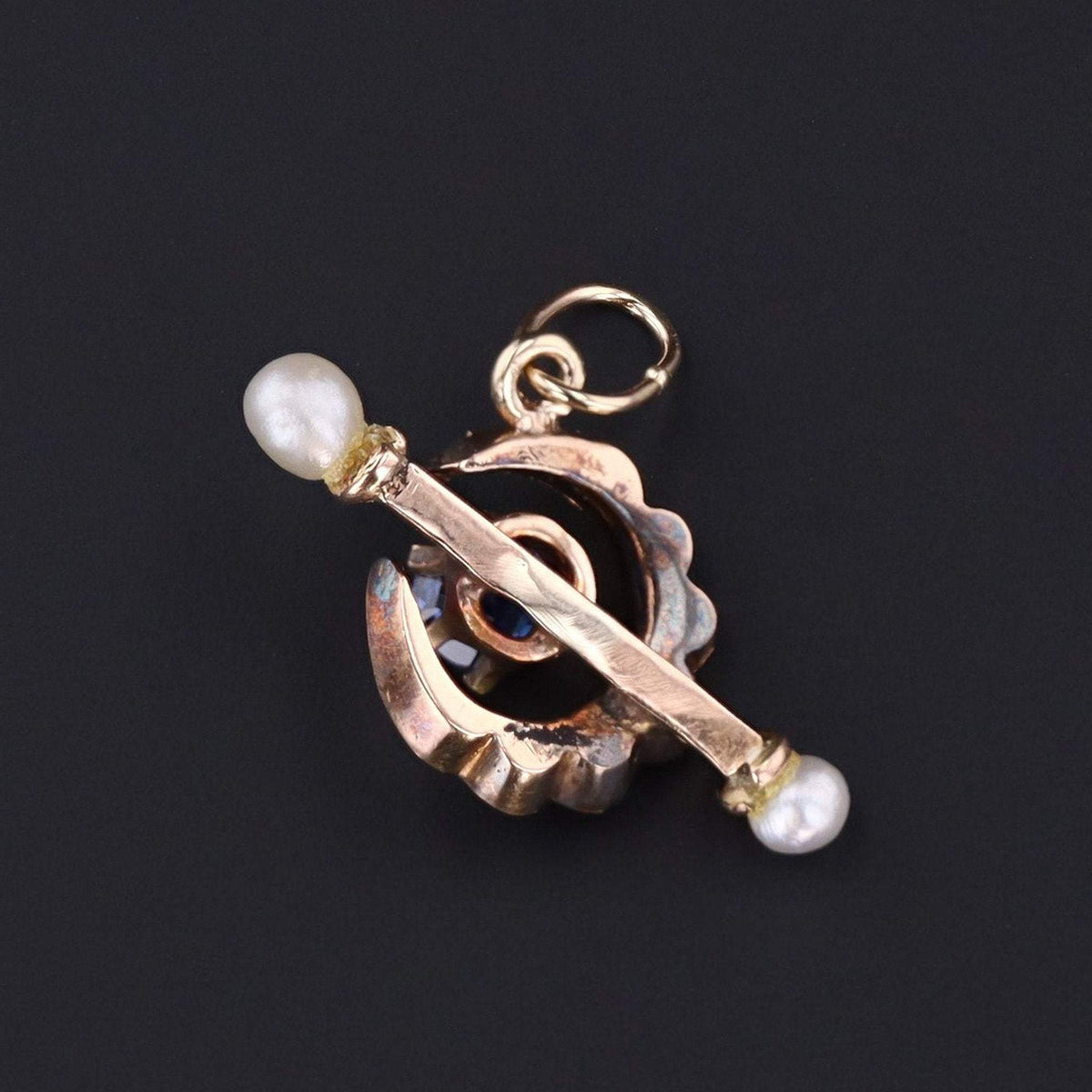 Crescent Charm | Sapphire Diamond &amp; Pearl Crescent - Trademark Antiques