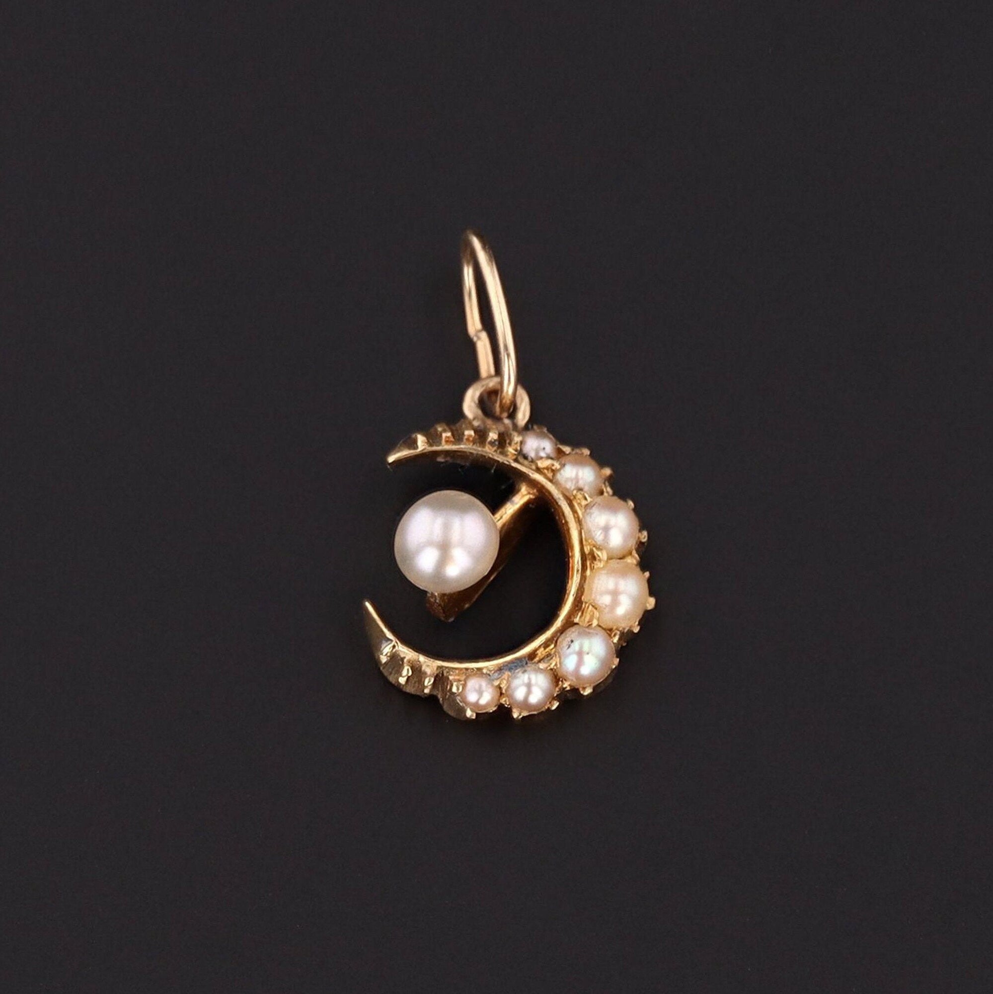Crescent Moon Charm | 14k Gold Pearl Crescent - Trademark Antiques