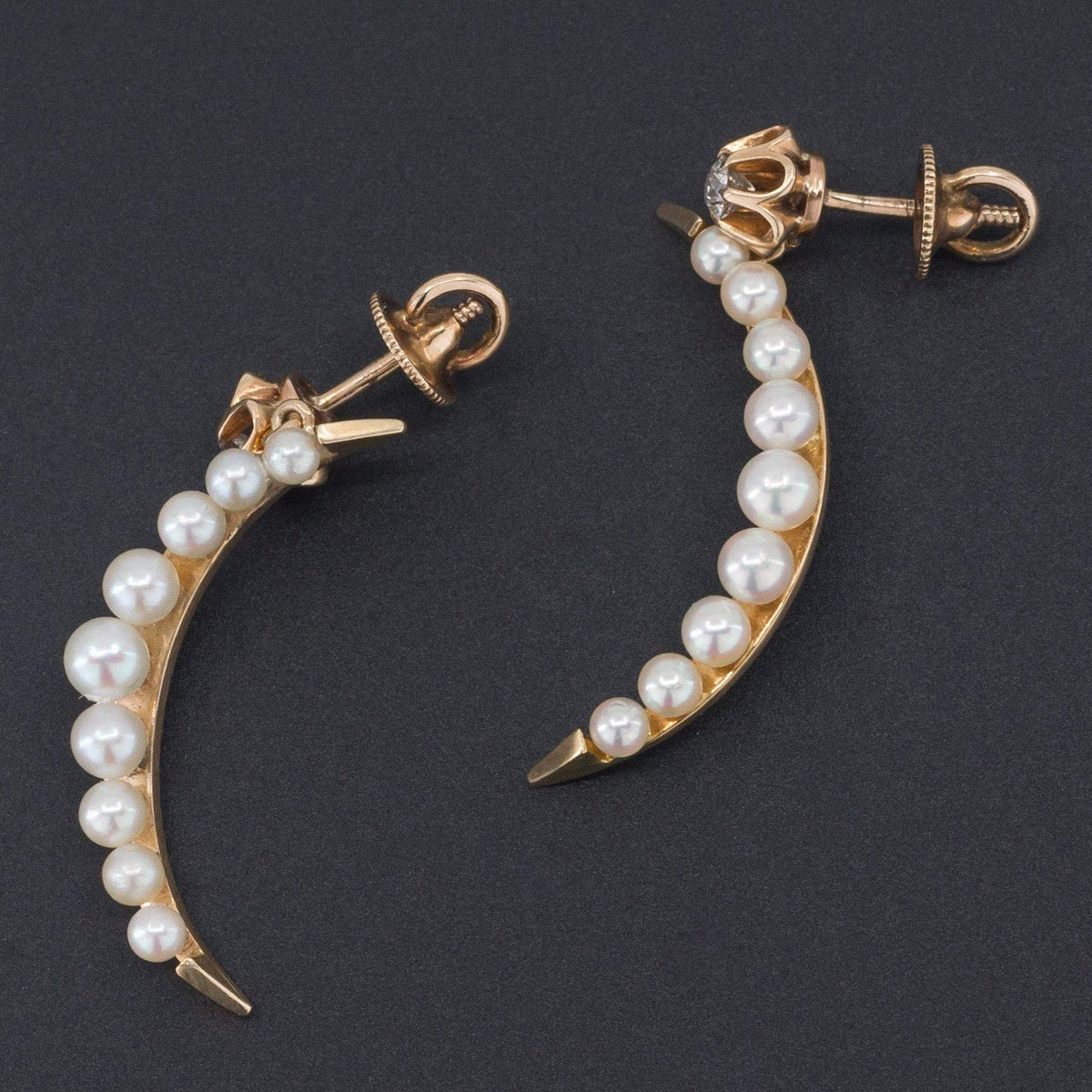 Crescent Moon Earrings | 14k Gold Pearl and Diamond Earrings - Trademark Antiques