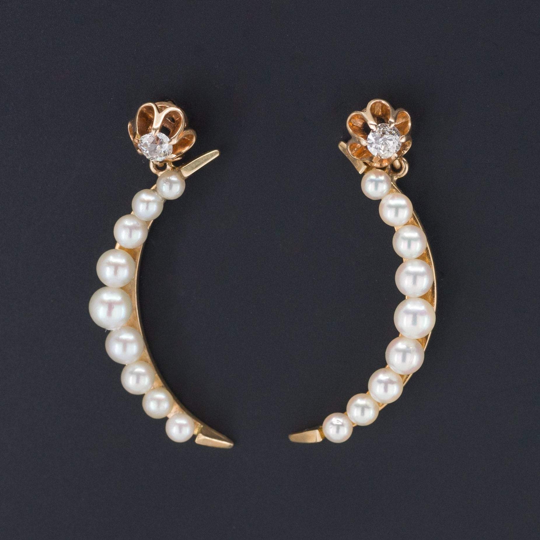 Crescent Moon Earrings | 14k Gold Pearl and Diamond Earrings - Trademark Antiques