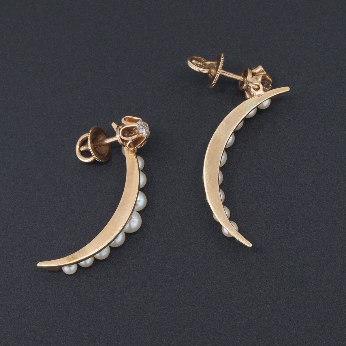 Crescent Moon Earrings | 14k Gold Pearl and Diamond Earrings - Trademark Antiques