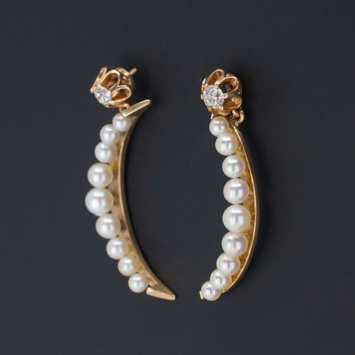 Crescent Moon Earrings | 14k Gold Pearl and Diamond Earrings - Trademark Antiques