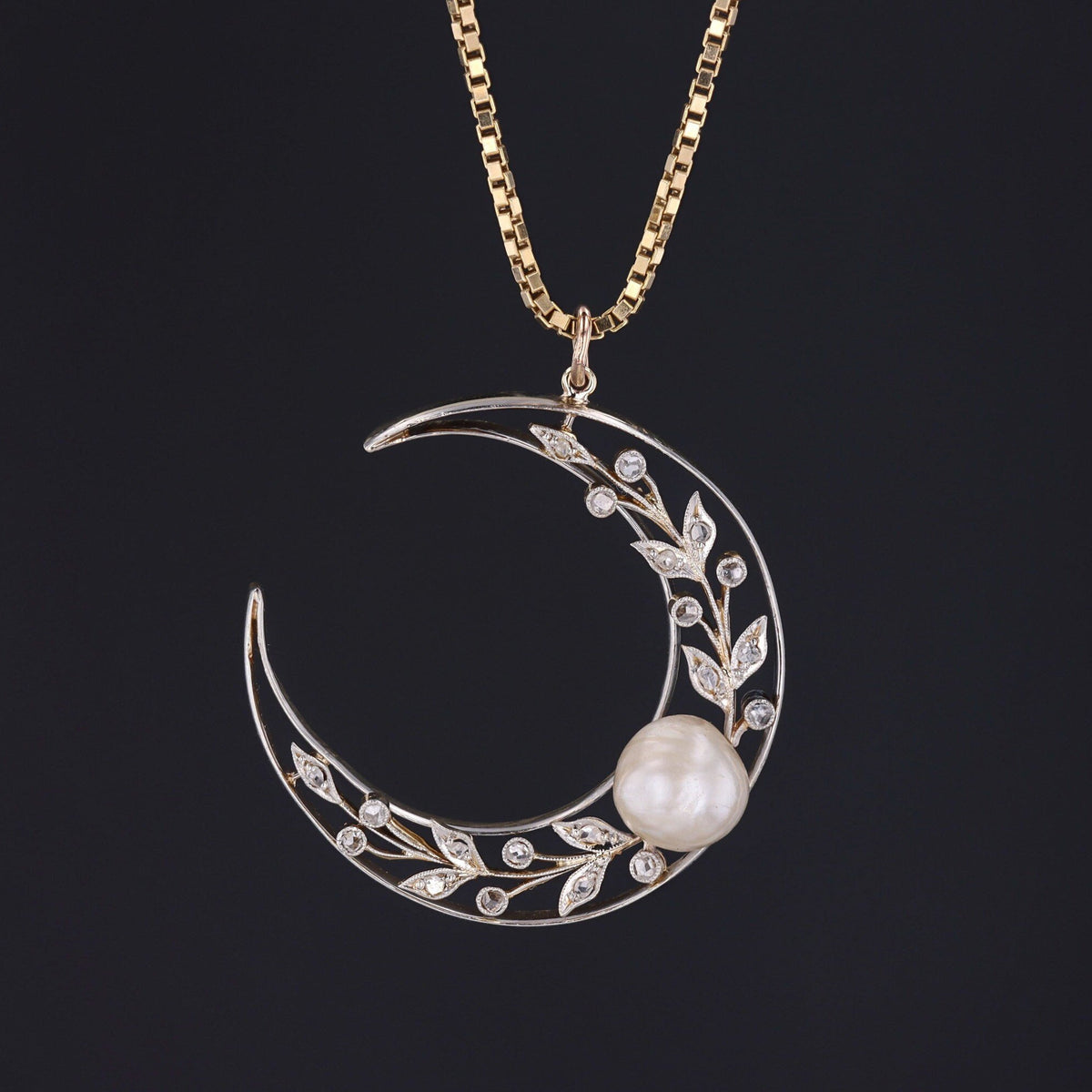 Crescent Moon Pendant | Antique Pearl &amp; Diamond Crescent - Trademark Antiques