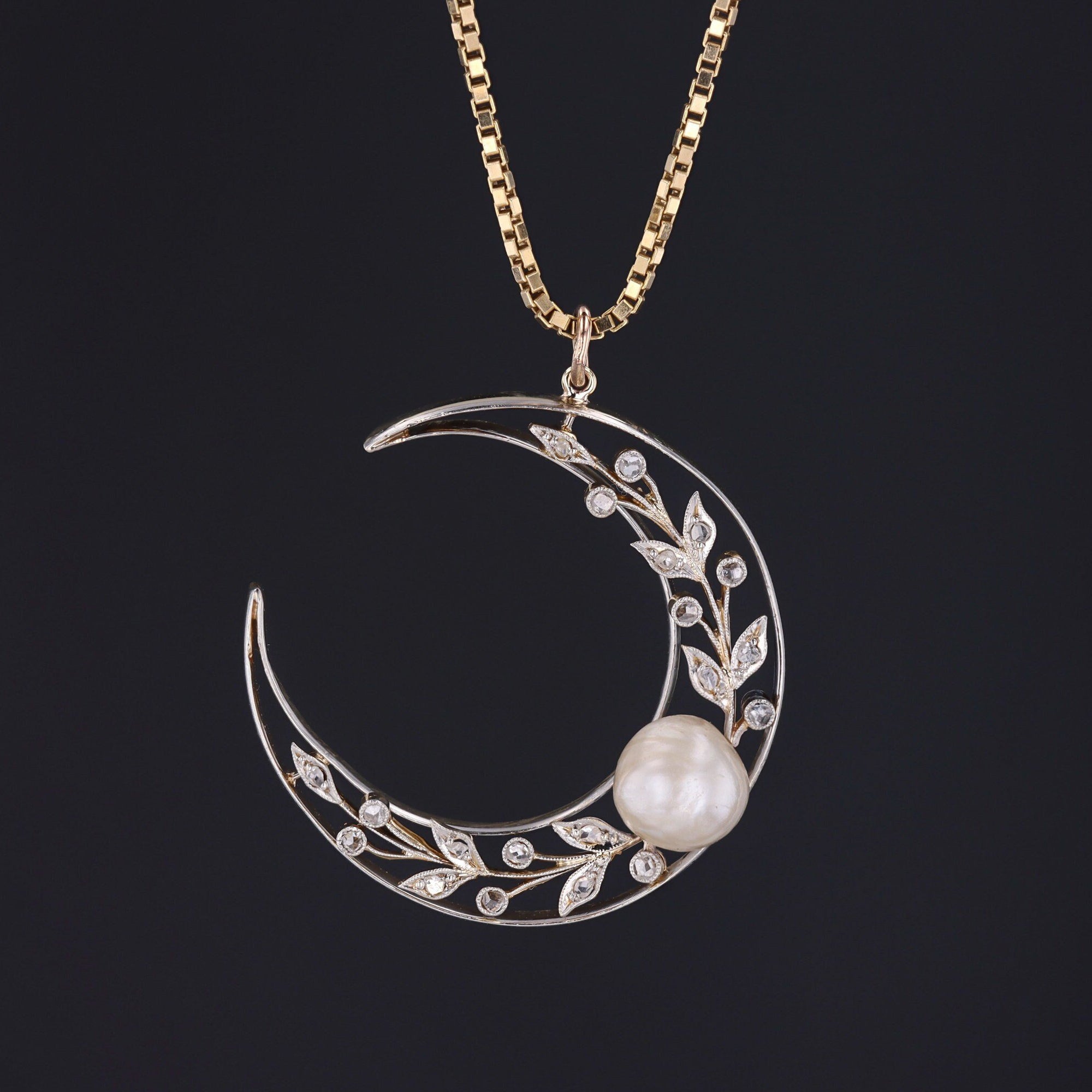 Crescent Moon Pendant | Antique Pearl & Diamond Crescent - Trademark Antiques