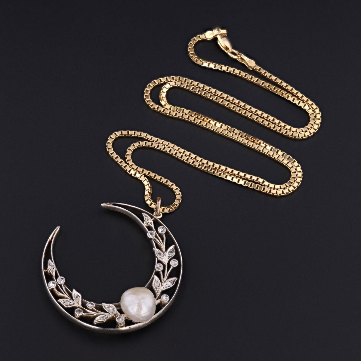 Crescent Moon Pendant | Antique Pearl &amp; Diamond Crescent - Trademark Antiques