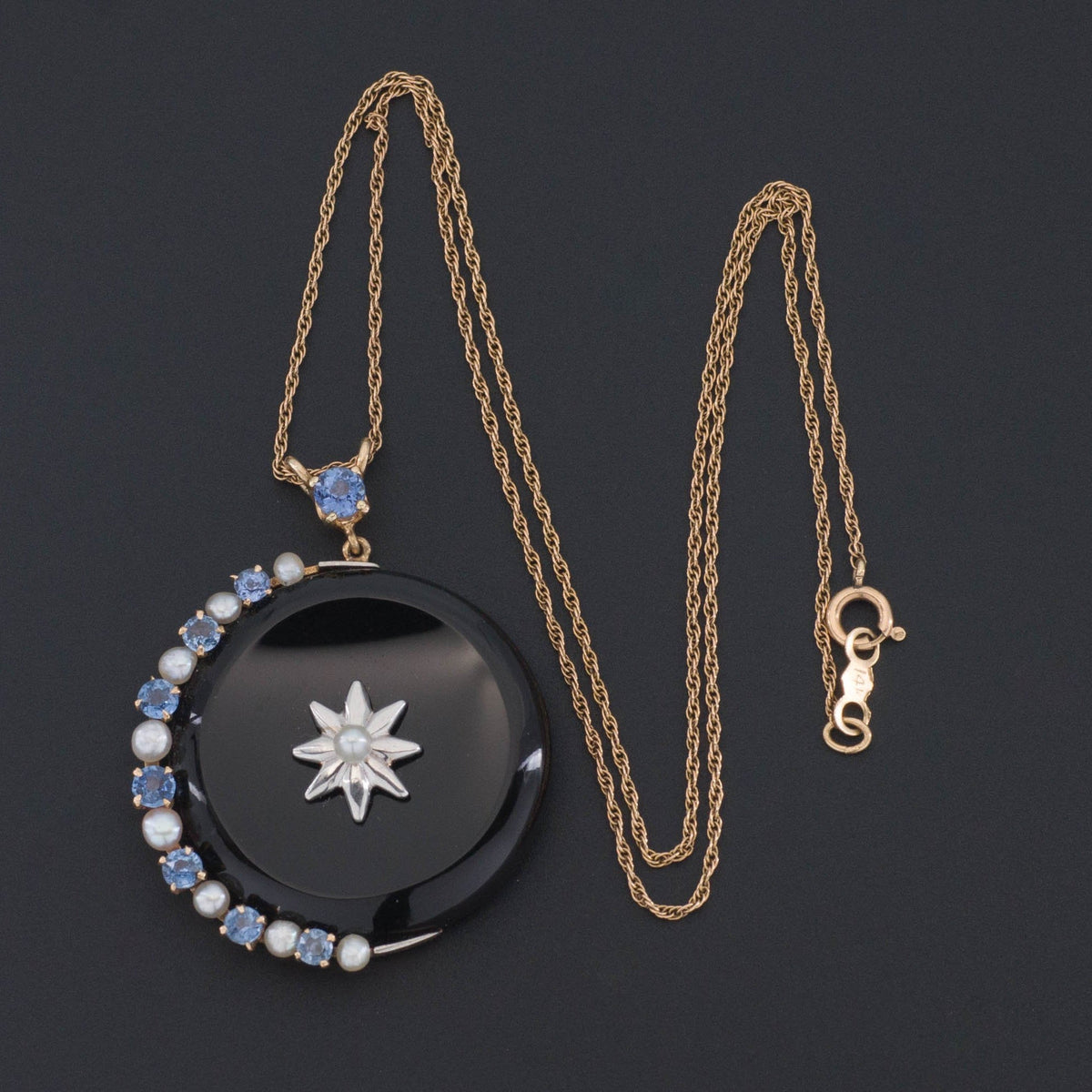 Crescent Moon &amp; Star Pendant | Onyx Diamond Sapphire and Pearl Pendant - Trademark Antiques