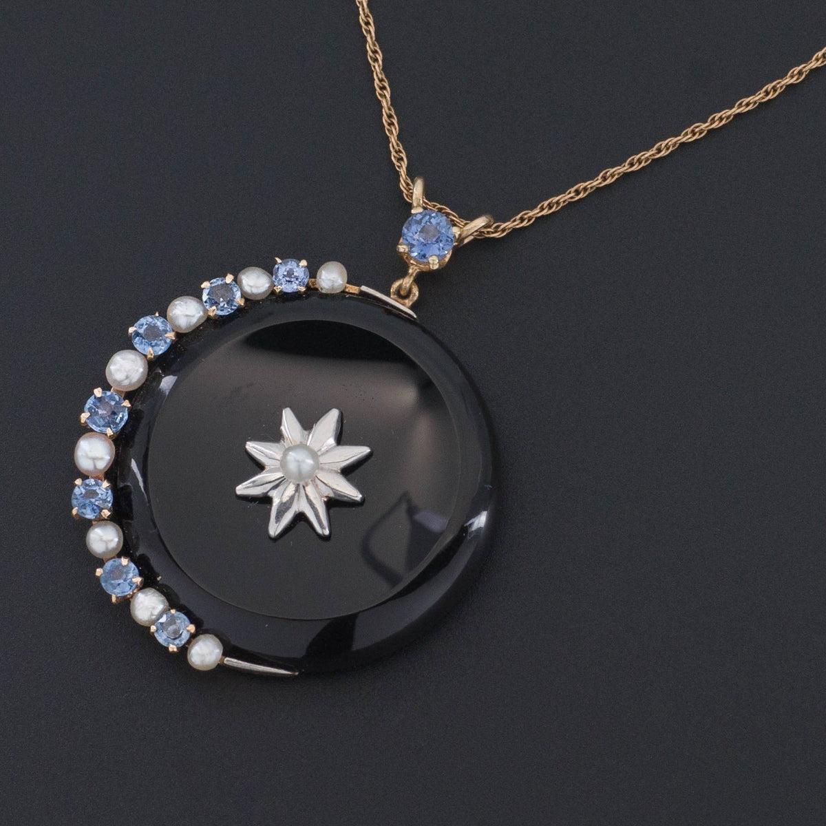 Crescent Moon &amp; Star Pendant | Onyx Diamond Sapphire and Pearl Pendant - Trademark Antiques