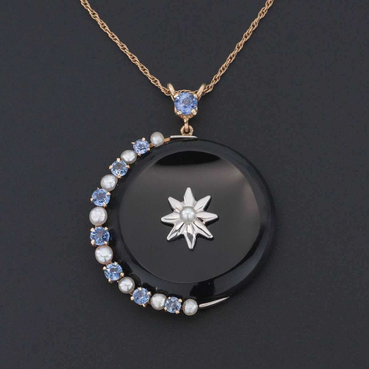 Crescent Moon &amp; Star Pendant | Onyx Diamond Sapphire and Pearl Pendant - Trademark Antiques