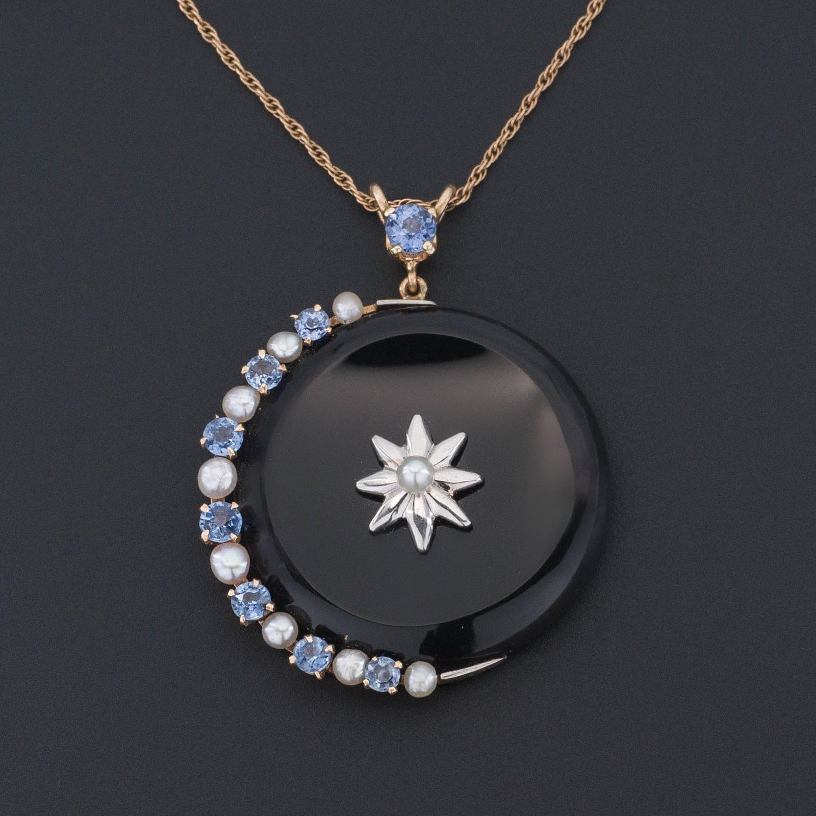 Crescent Moon & Star Pendant | Onyx Diamond Sapphire and Pearl Pendant - Trademark Antiques