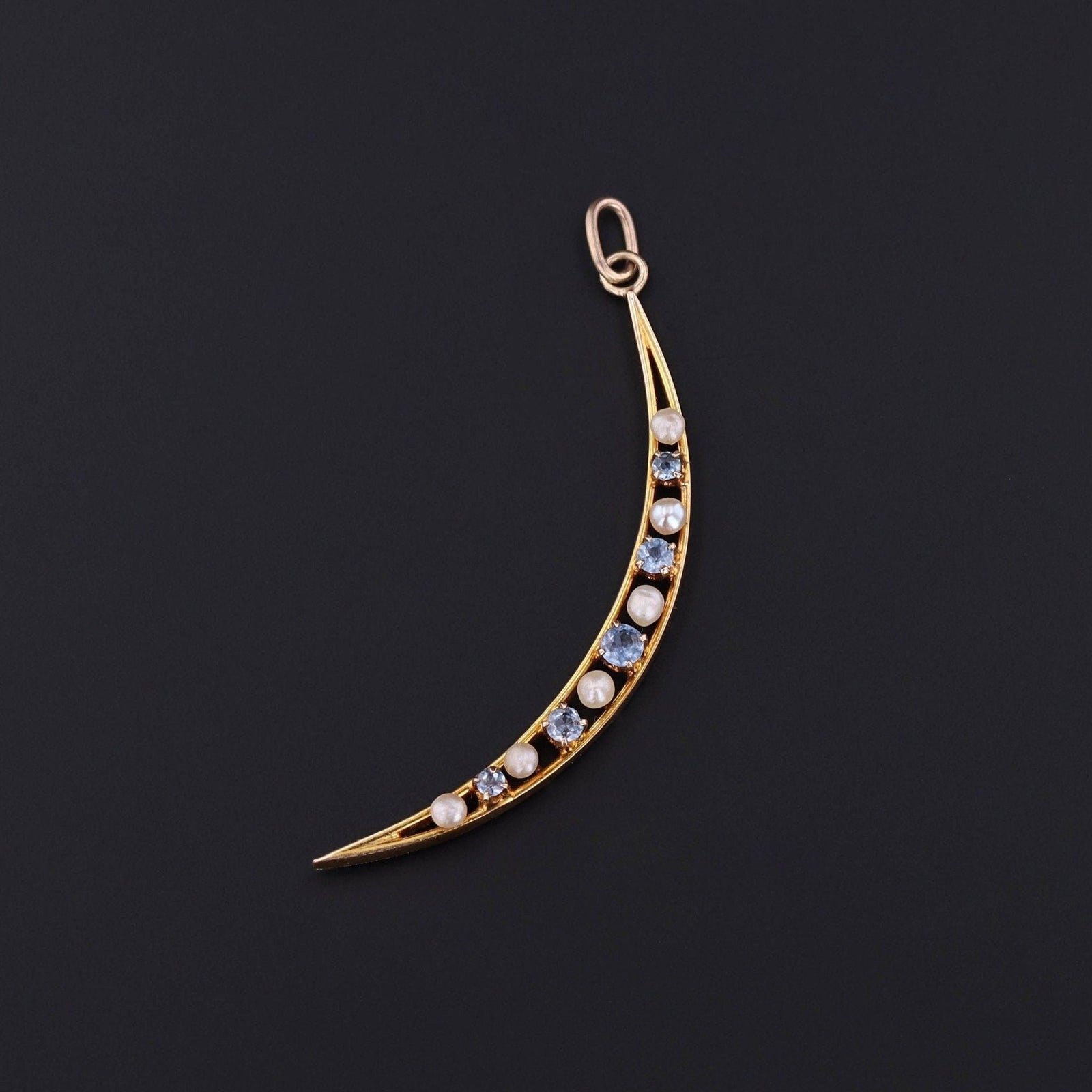 Crescent Pendant | 10k Gold, Sapphire & Pearl Pendant - Trademark Antiques