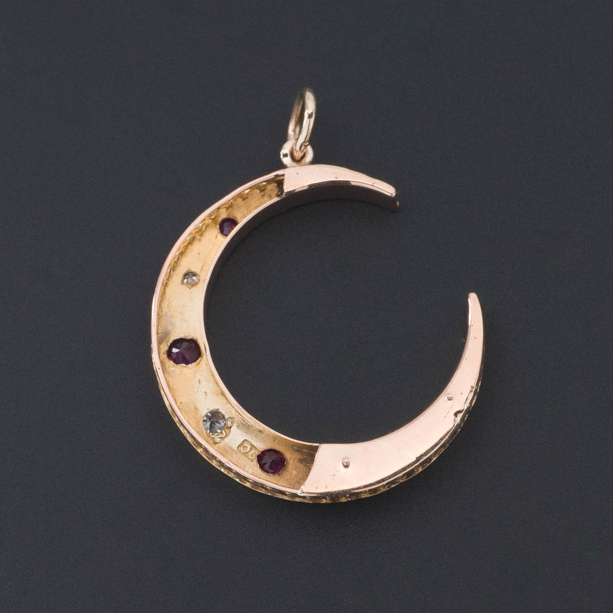 Crescent Pendant | 14k Gold Diamond &amp; Ruby Crescent Pendant - Trademark Antiques