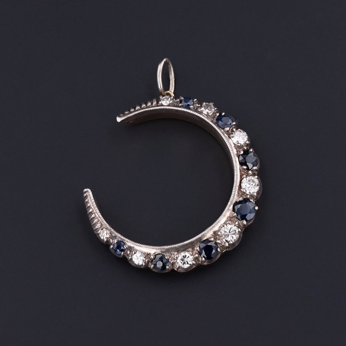 Crescent Pendant | 14k Gold Diamond &amp; Sapphire Crescent Pendant - Trademark Antiques