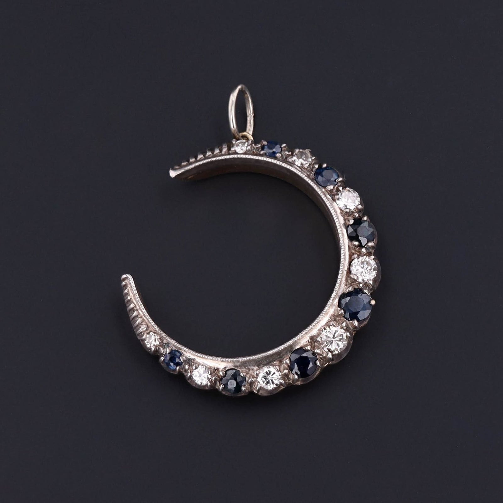 Crescent Pendant | 14k Gold Diamond & Sapphire Crescent Pendant - Trademark Antiques
