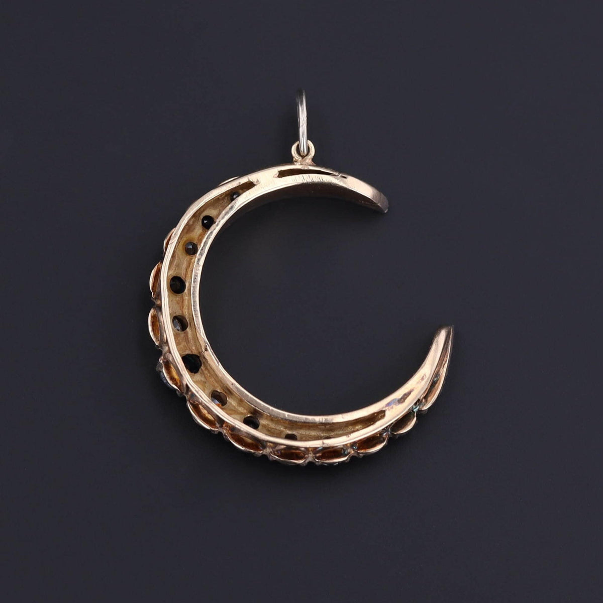Crescent Pendant | 14k Gold Diamond &amp; Sapphire Crescent Pendant - Trademark Antiques