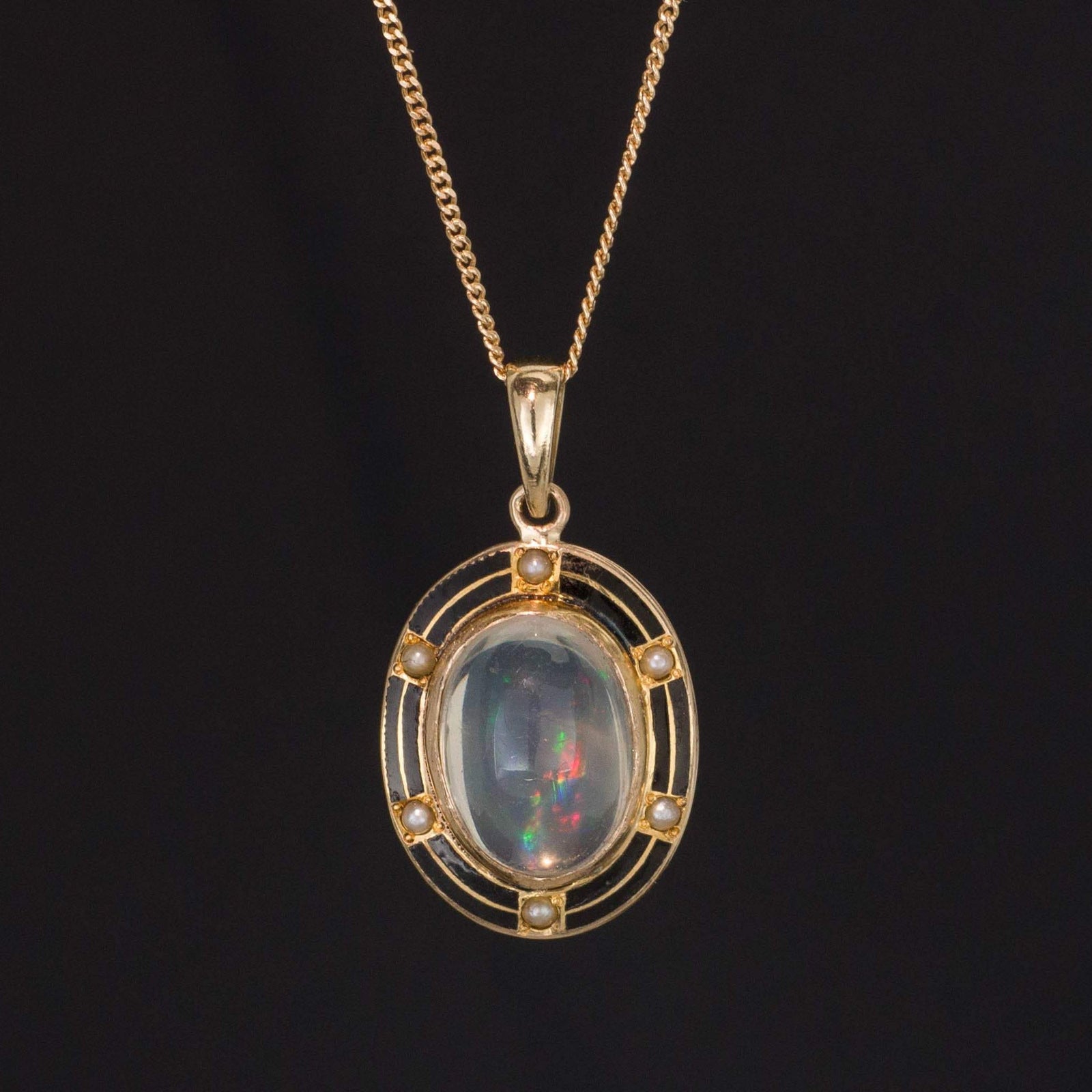 Crystal Opal & Enamel Pendant | Antique Pin Conversion - Trademark Antiques