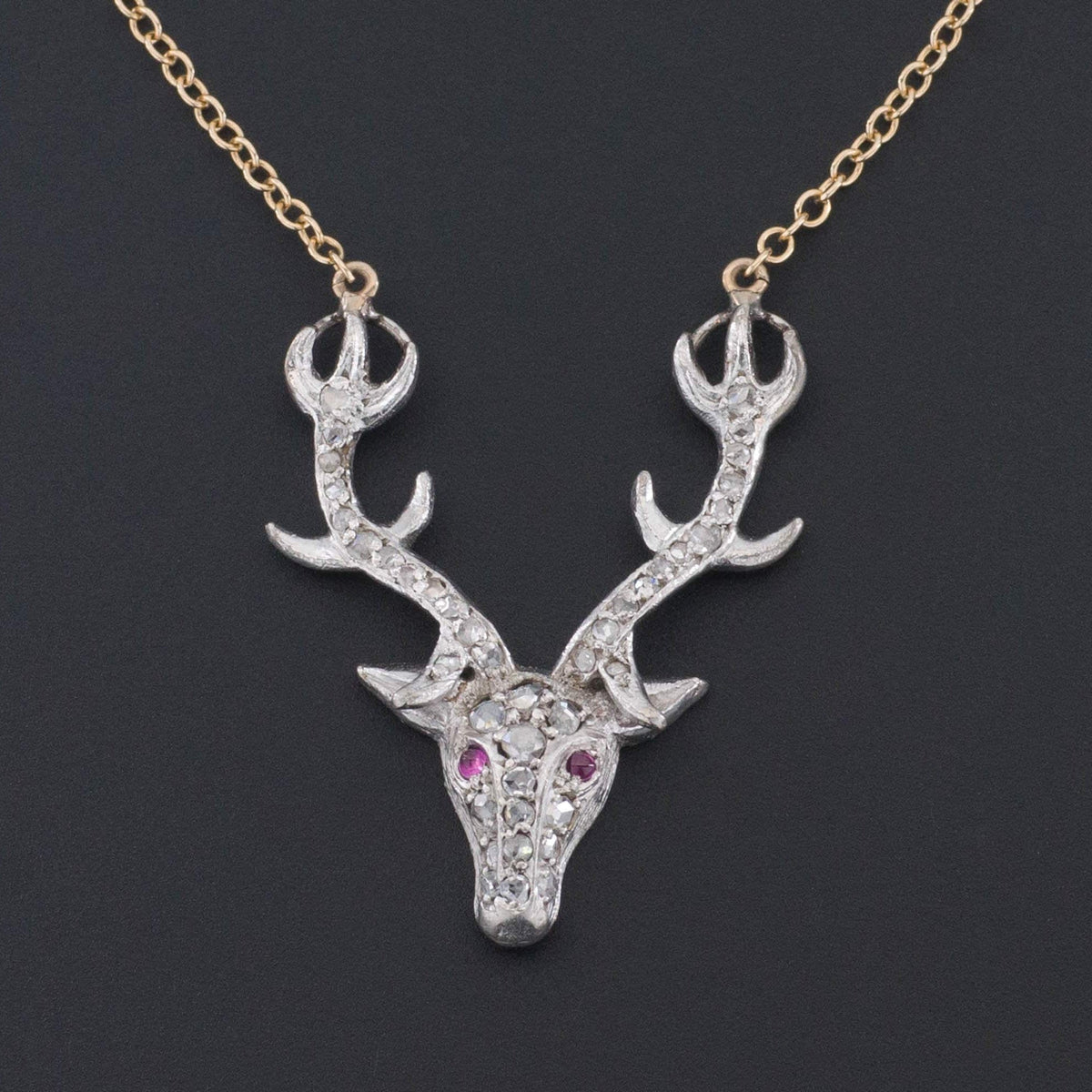 Deer or Stag Necklace | 14k Gold &amp; Platinum Stag Necklace - Trademark Antiques