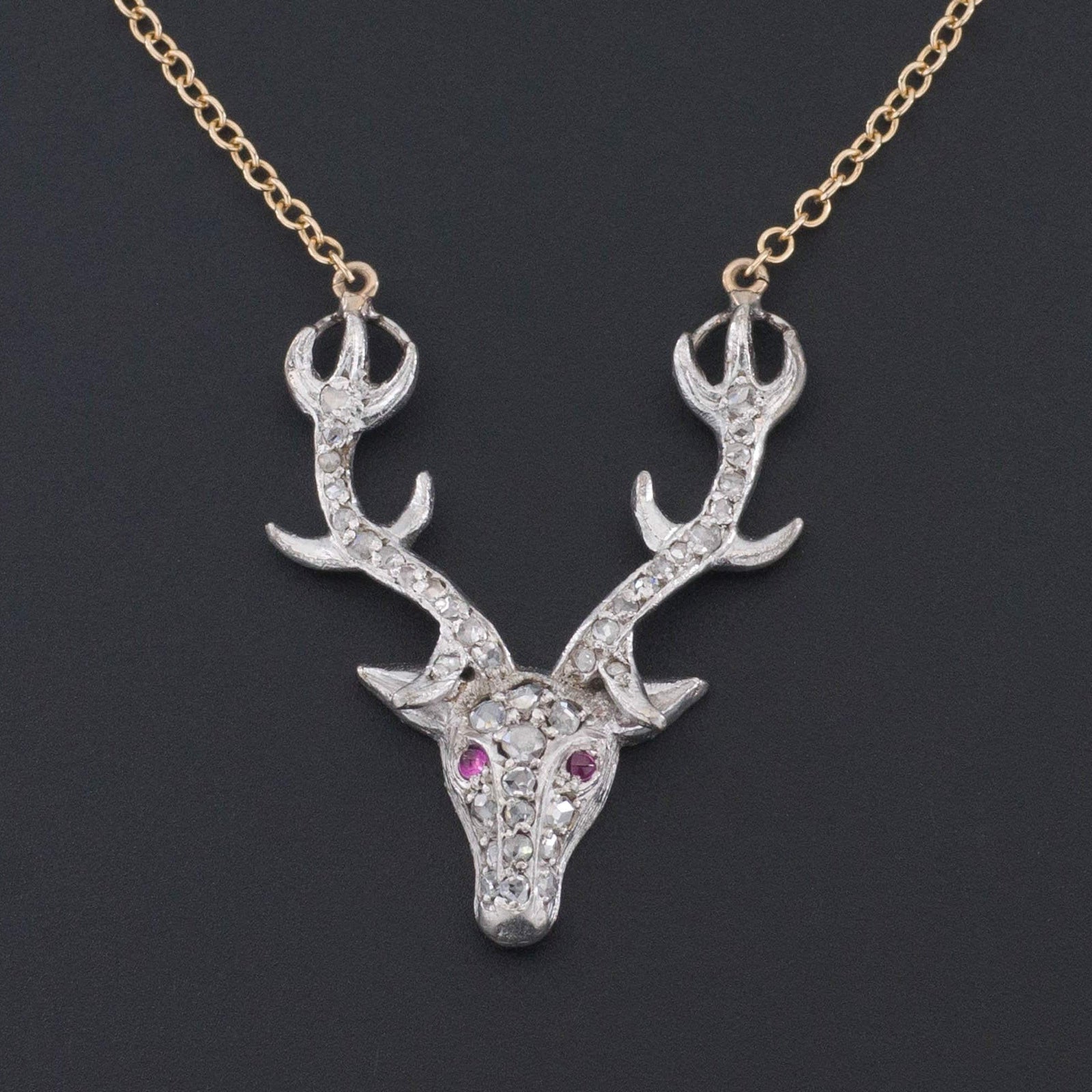 Deer or Stag Necklace | 14k Gold & Platinum Stag Necklace - Trademark Antiques