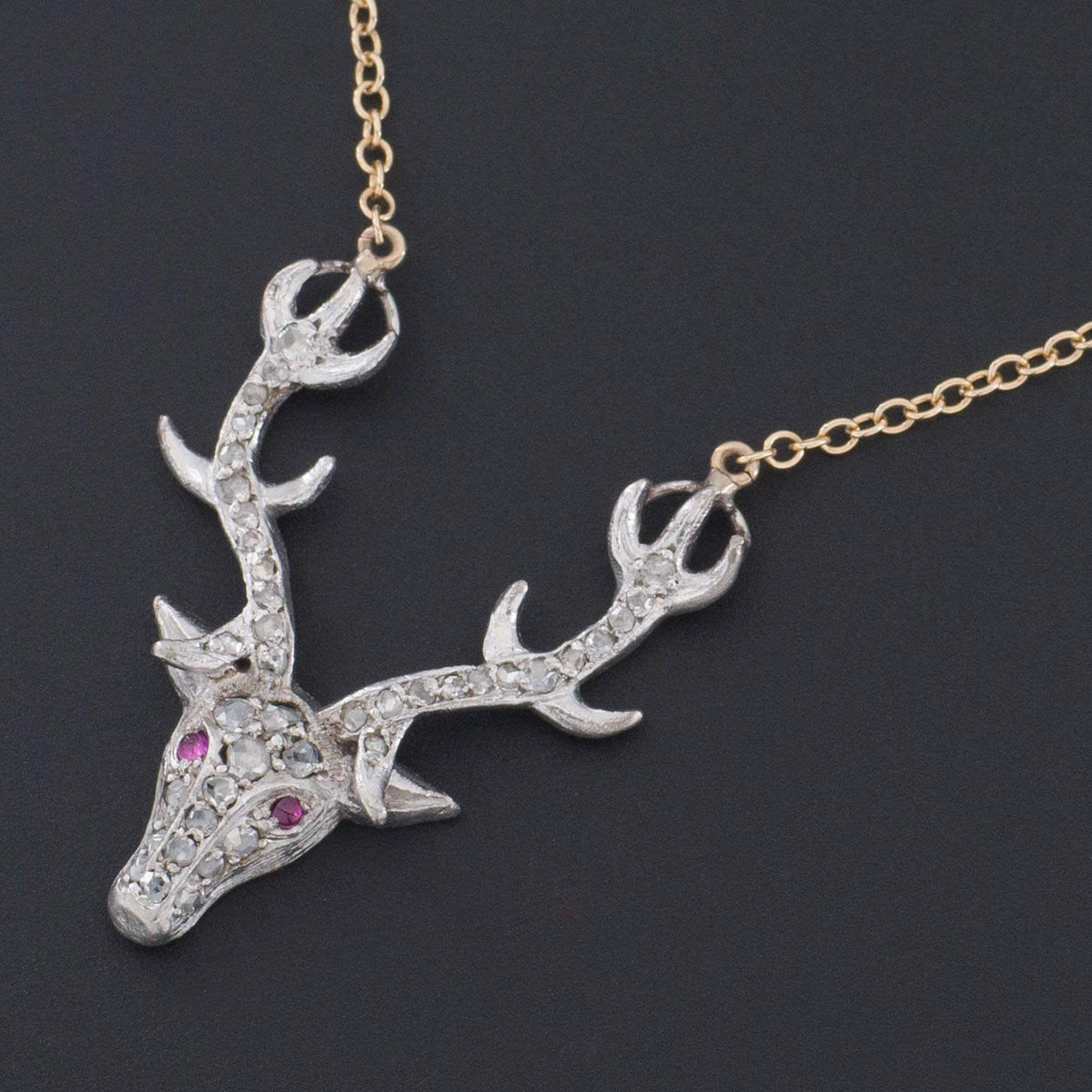 Deer or Stag Necklace | 14k Gold &amp; Platinum Stag Necklace - Trademark Antiques