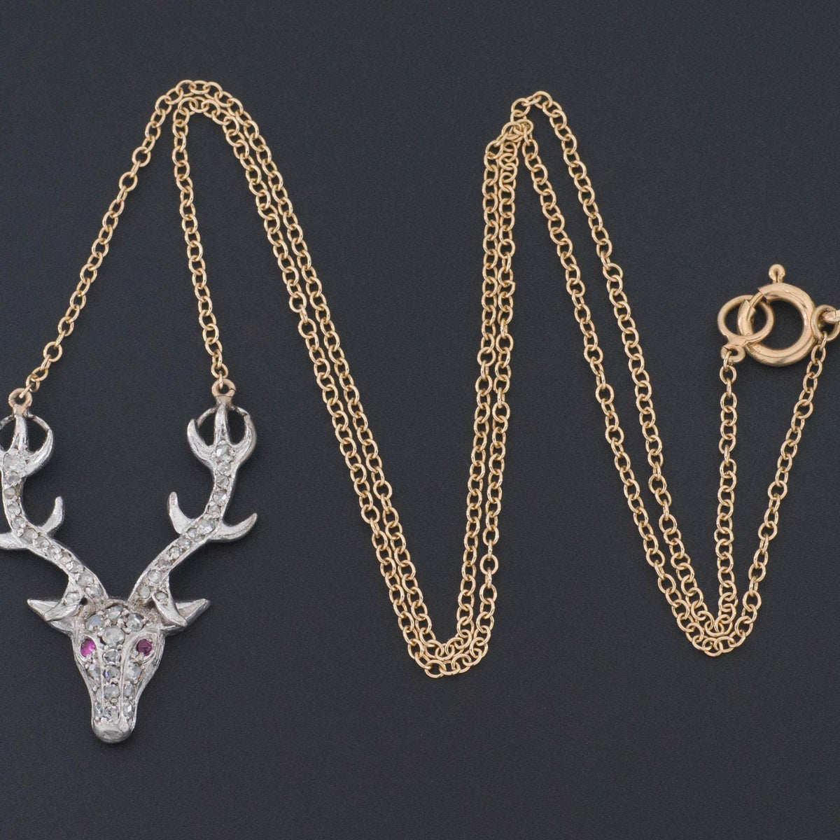 Deer or Stag Necklace | 14k Gold &amp; Platinum Stag Necklace - Trademark Antiques