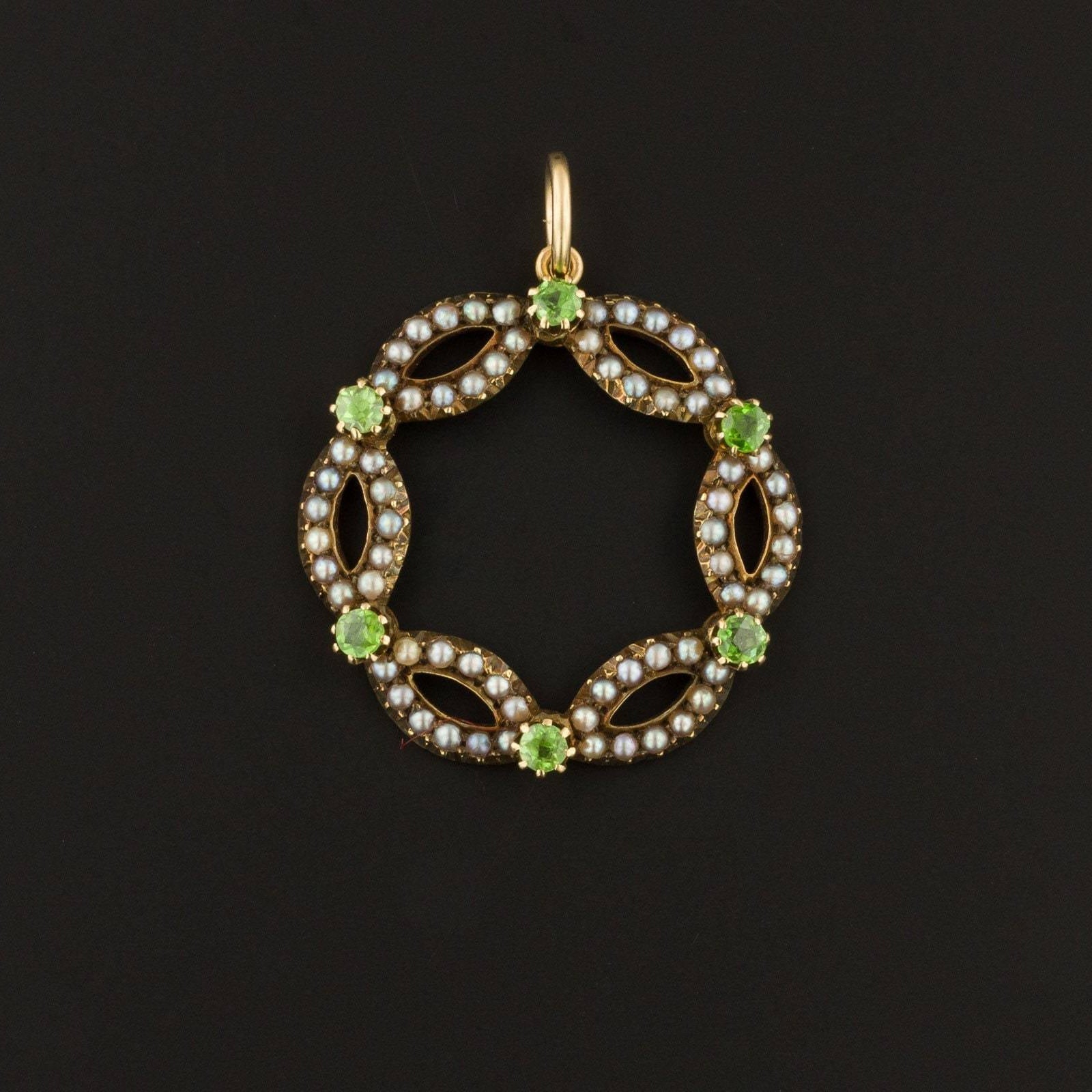 Demantoid Garnet & Pearl Pendant | Circle Pendant - Trademark Antiques