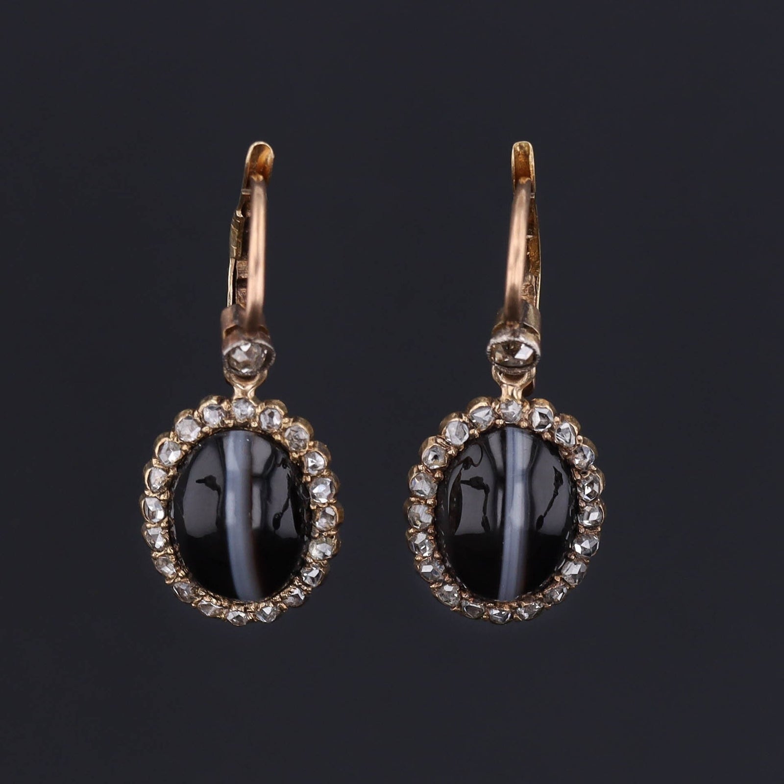 Diamond & Banded Agate Earrings | Antique Agate Earrings - Trademark Antiques