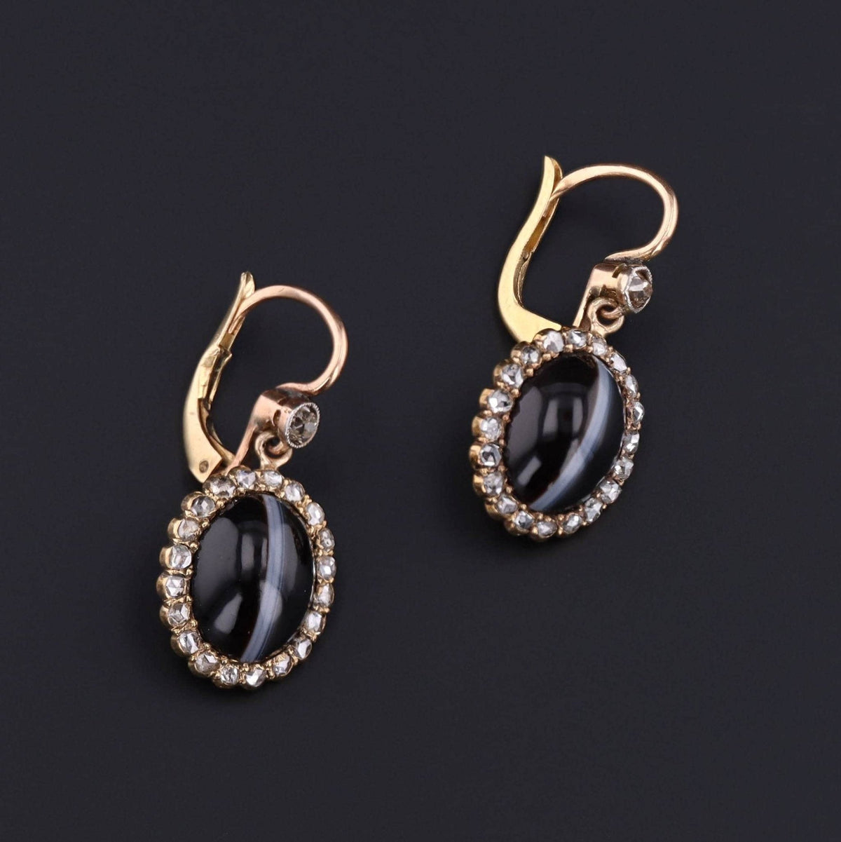 Diamond &amp; Banded Agate Earrings | Antique Agate Earrings - Trademark Antiques