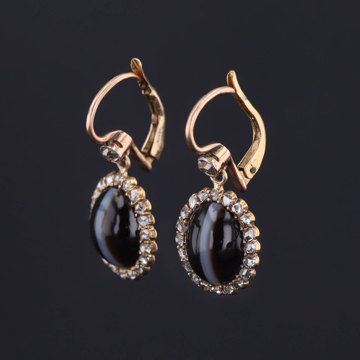 Diamond &amp; Banded Agate Earrings | Antique Agate Earrings - Trademark Antiques