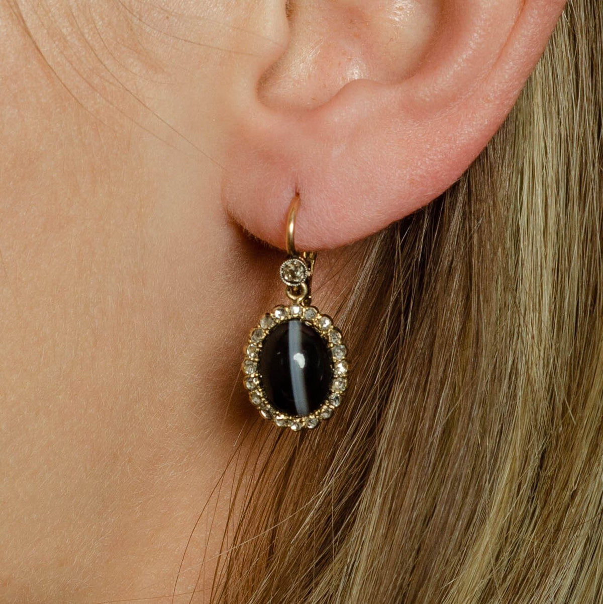Diamond &amp; Banded Agate Earrings | Antique Agate Earrings - Trademark Antiques