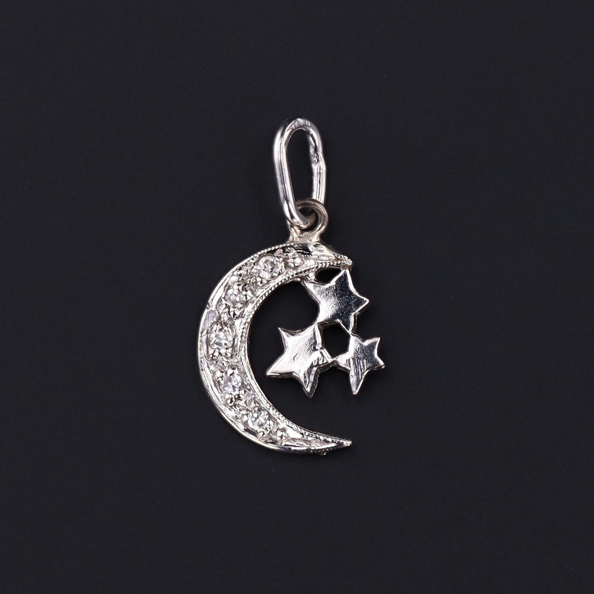 Diamond Crescent Moon Charm | Vintage Moon &amp; Star Charm - Trademark Antiques
