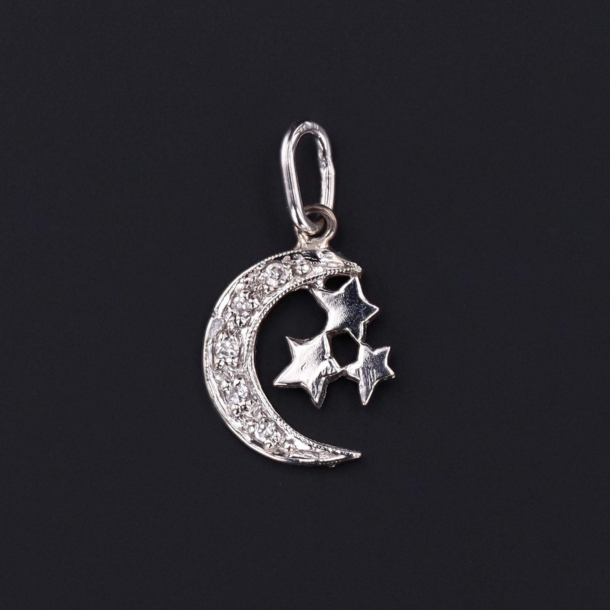 Diamond Crescent Moon Charm | Vintage Moon & Star Charm - Trademark Antiques