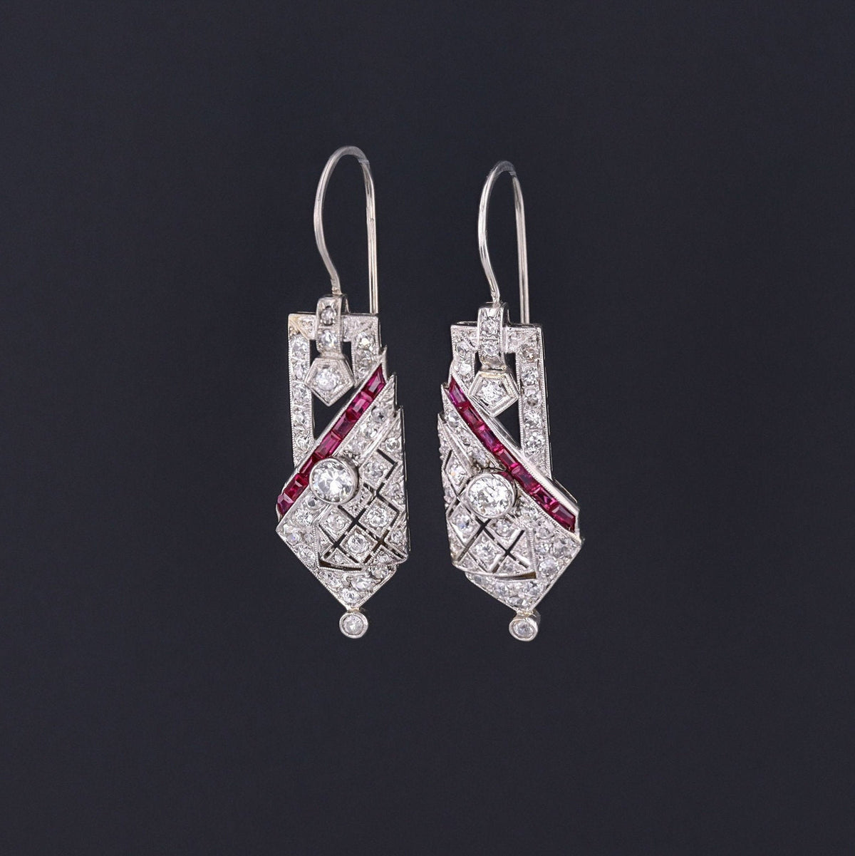 Diamond Earrings | Vintage Diamond &amp; Synthetic Ruby Earrings - Trademark Antiques