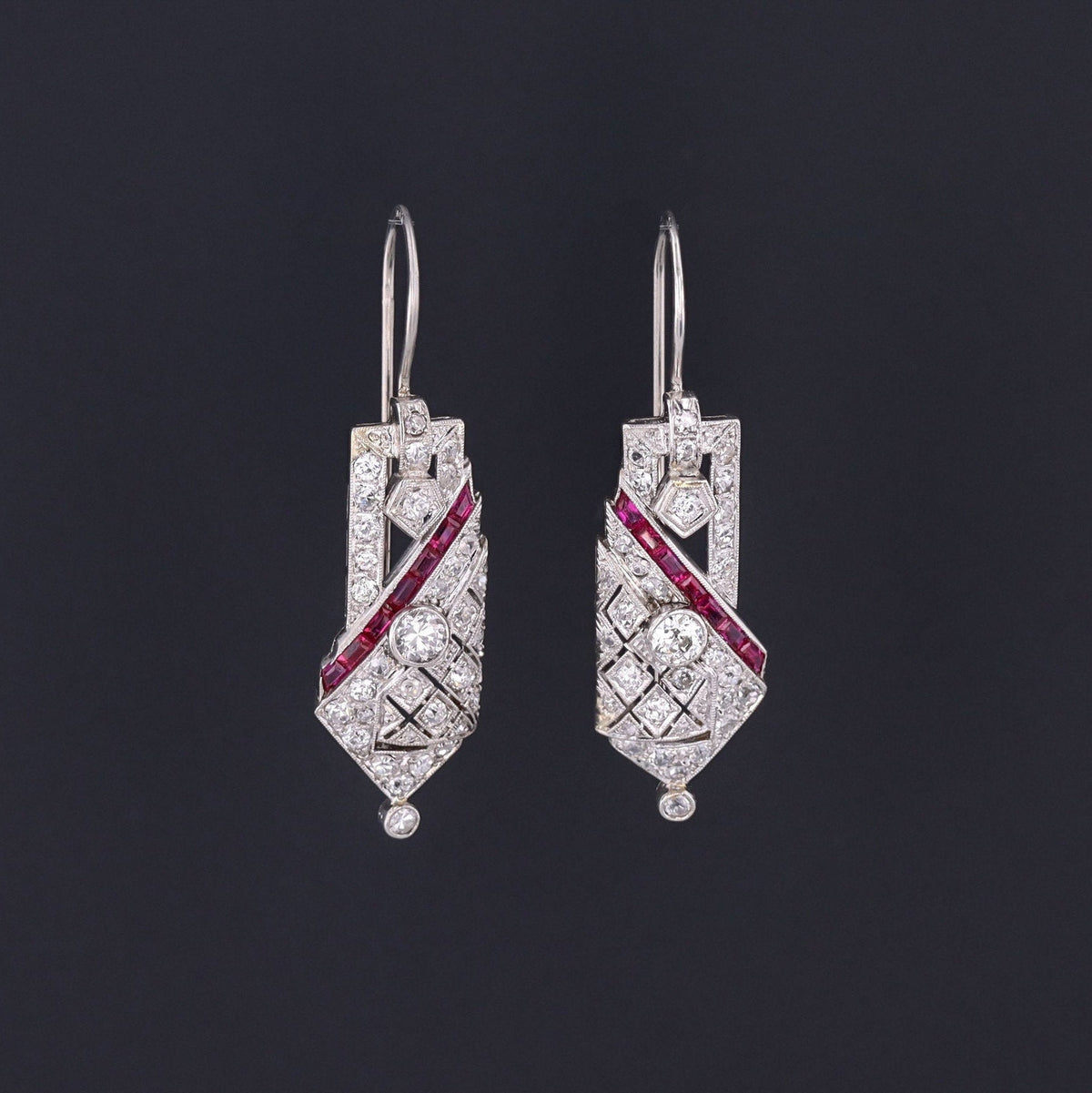 Diamond Earrings | Vintage Diamond &amp; Synthetic Ruby Earrings - Trademark Antiques