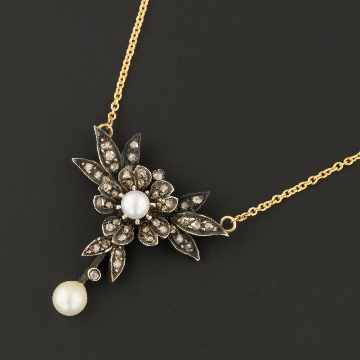 Diamond &amp; Pearl Necklace | Antique Diamond Flower Necklace - Trademark Antiques