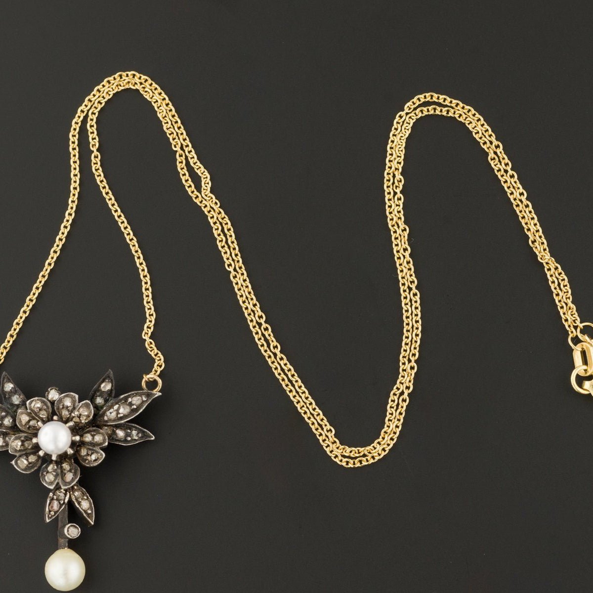 Diamond &amp; Pearl Necklace | Antique Diamond Flower Necklace - Trademark Antiques