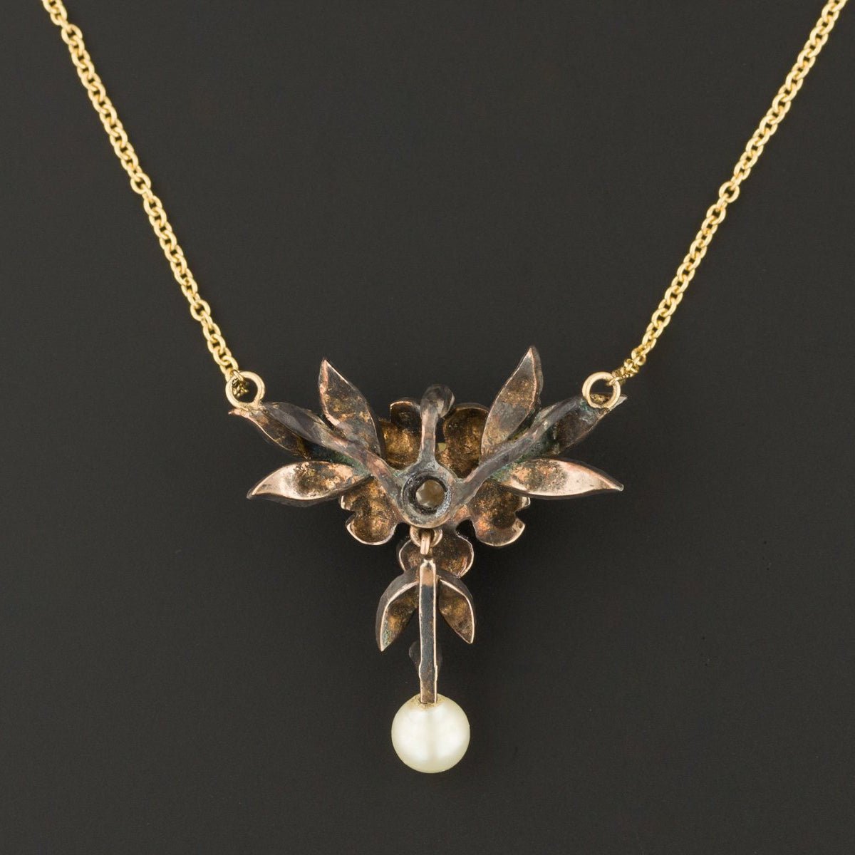 Diamond &amp; Pearl Necklace | Antique Diamond Flower Necklace - Trademark Antiques