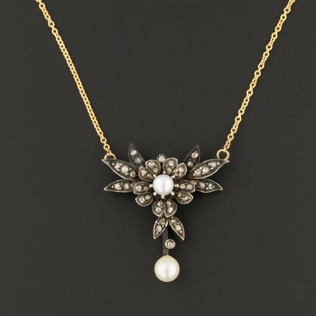 Diamond & Pearl Necklace | Antique Diamond Flower Necklace - Trademark Antiques