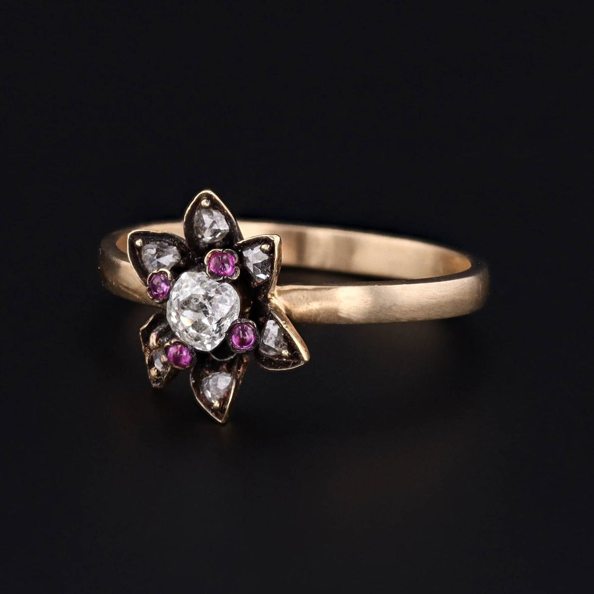 Diamond &amp; Ruby Flower Ring | Antique Flower Ring - Trademark Antiques