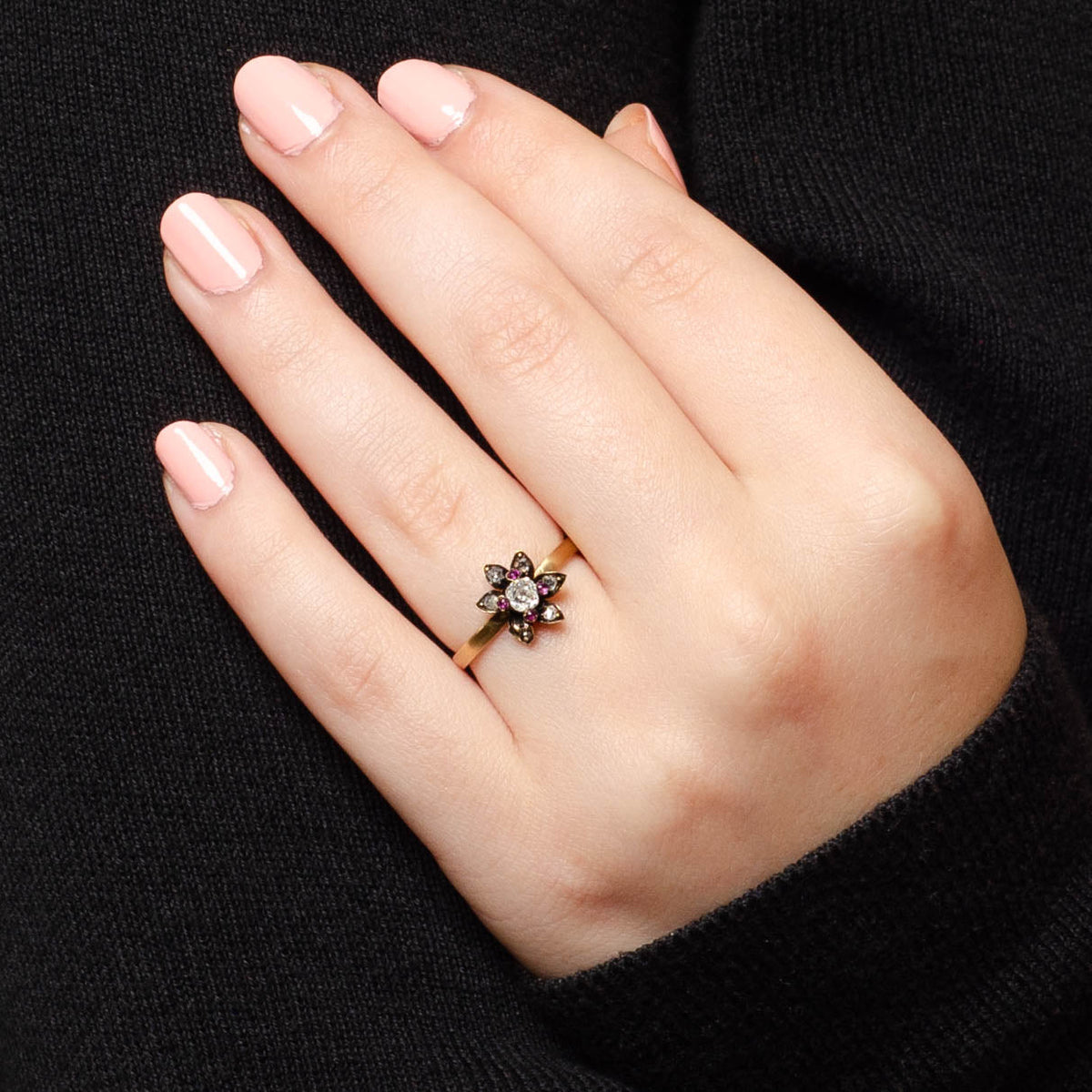 Diamond &amp; Ruby Flower Ring | Antique Flower Ring - Trademark Antiques