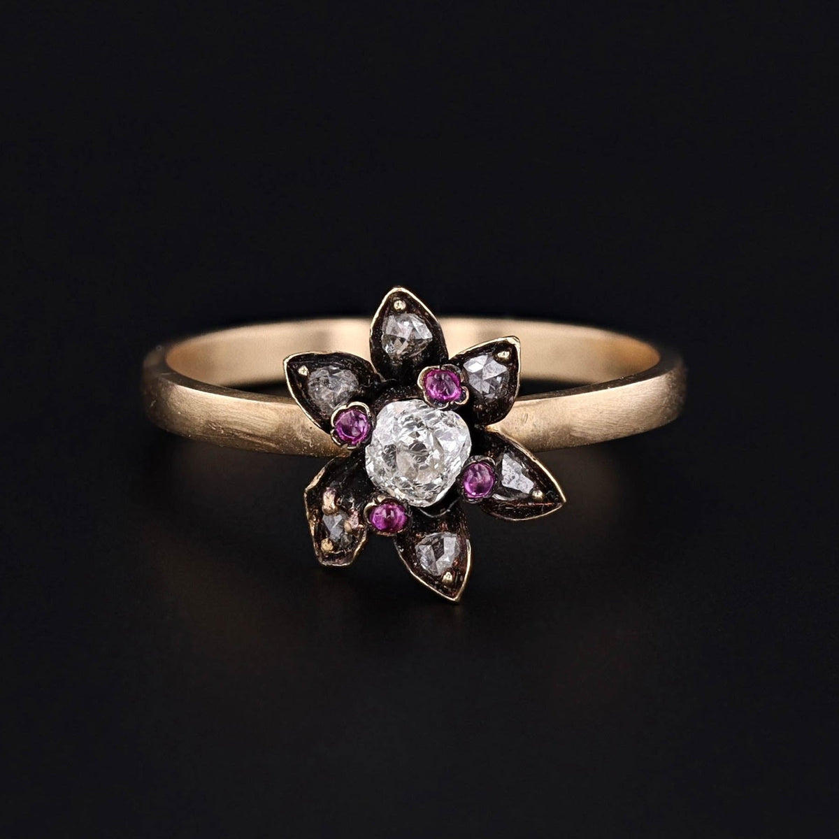 Diamond &amp; Ruby Flower Ring | Antique Flower Ring - Trademark Antiques