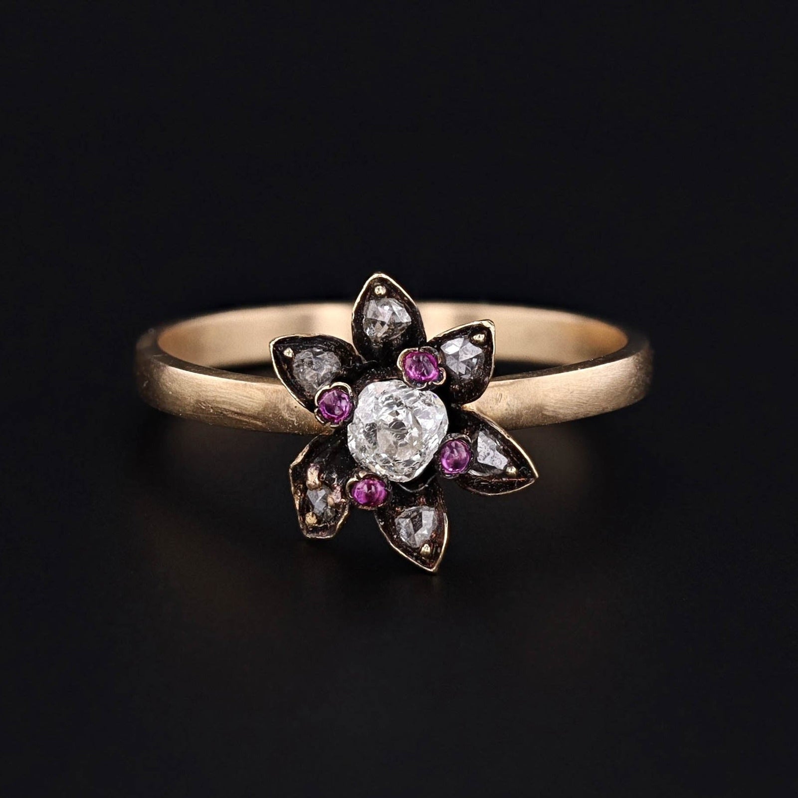 Diamond & Ruby Flower Ring | Antique Flower Ring - Trademark Antiques