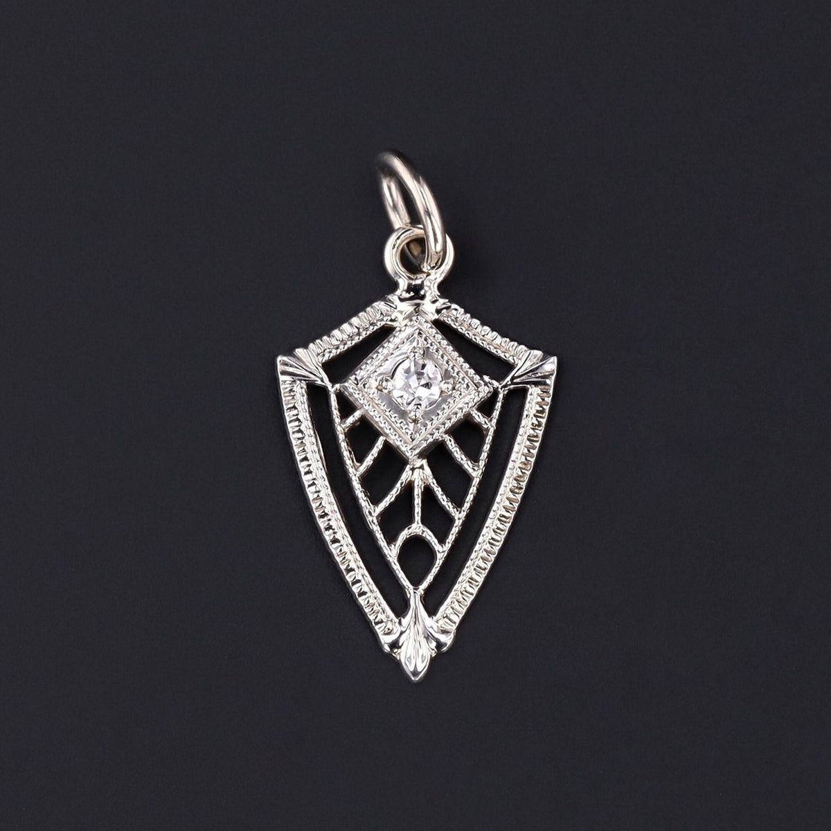 Diamond Shield Charm | 18k White Gold Diamond Filigree Charm - Trademark Antiques