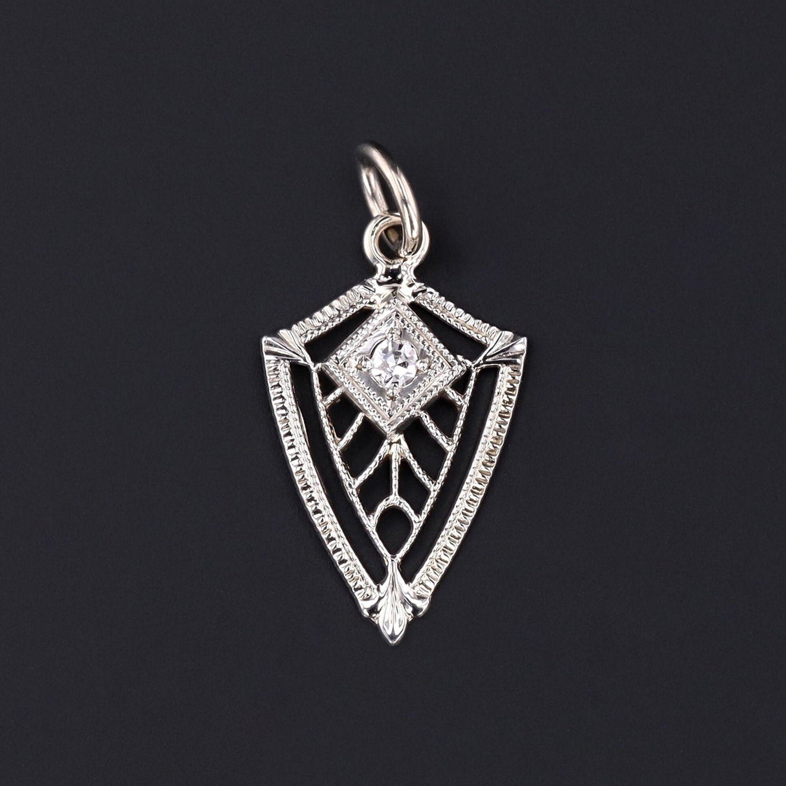 Diamond Shield Charm | 18k White Gold Diamond Filigree Charm - Trademark Antiques