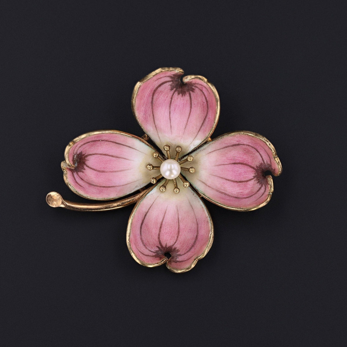Dogwood Brooch | 14k Gold &amp; Pink Enamel Flower Brooch - Trademark Antiques